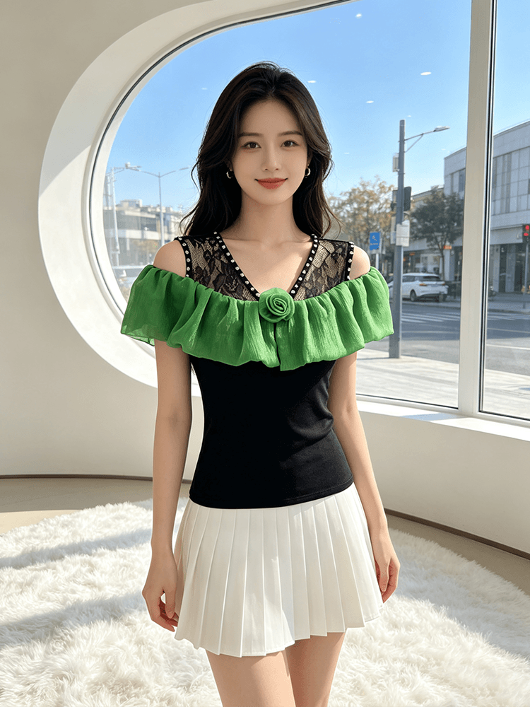 오프숄더 장미 프릴 맨위 여성 여름 새로운 레이스 못 훈련 V넥 슬림해 보이는 몸매 가꾸기 다용도 반팔 티셔츠 상세 이미지 21