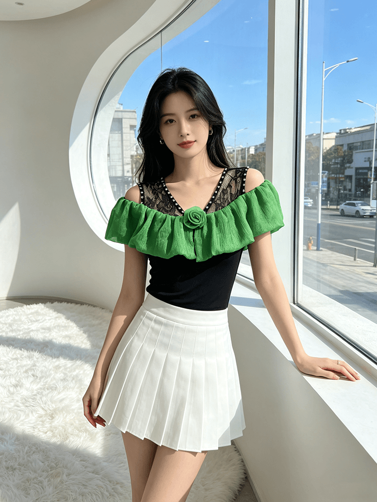 오프숄더 장미 프릴 맨위 여성 여름 새로운 레이스 못 훈련 V넥 슬림해 보이는 몸매 가꾸기 다용도 반팔 티셔츠 상세 이미지 22