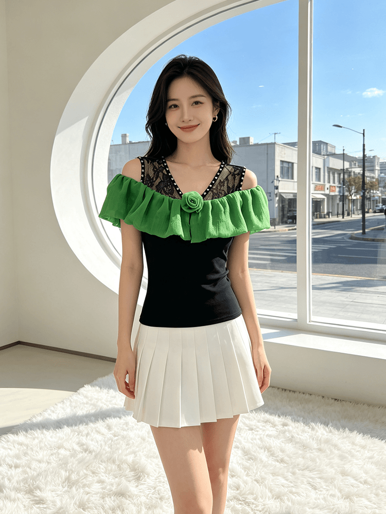 오프숄더 장미 프릴 맨위 여성 여름 새로운 레이스 못 훈련 V넥 슬림해 보이는 몸매 가꾸기 다용도 반팔 티셔츠 상세 이미지 23