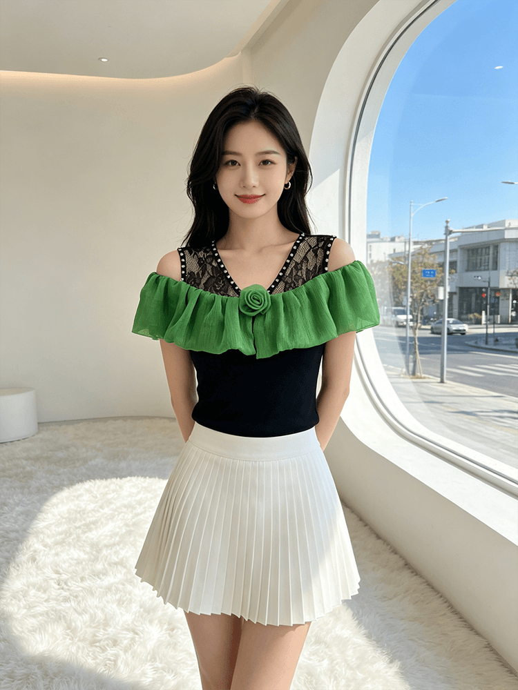 오프숄더 장미 프릴 맨위 여성 여름 새로운 레이스 못 훈련 V넥 슬림해 보이는 몸매 가꾸기 다용도 반팔 티셔츠 상세 이미지 24
