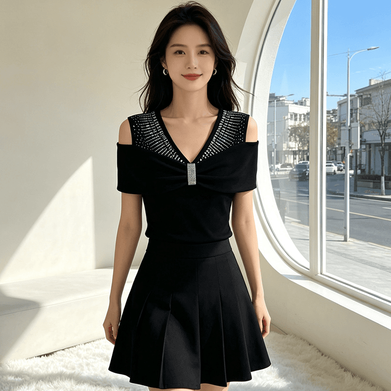 여름 반팔 오프숄더 핫픽스 맨위 여성 V넥 몸매 가꾸기 허리 수축 슬림해 보이는 다용도 품격 배색 새로운 티셔츠 작은 셔츠 이미지 2