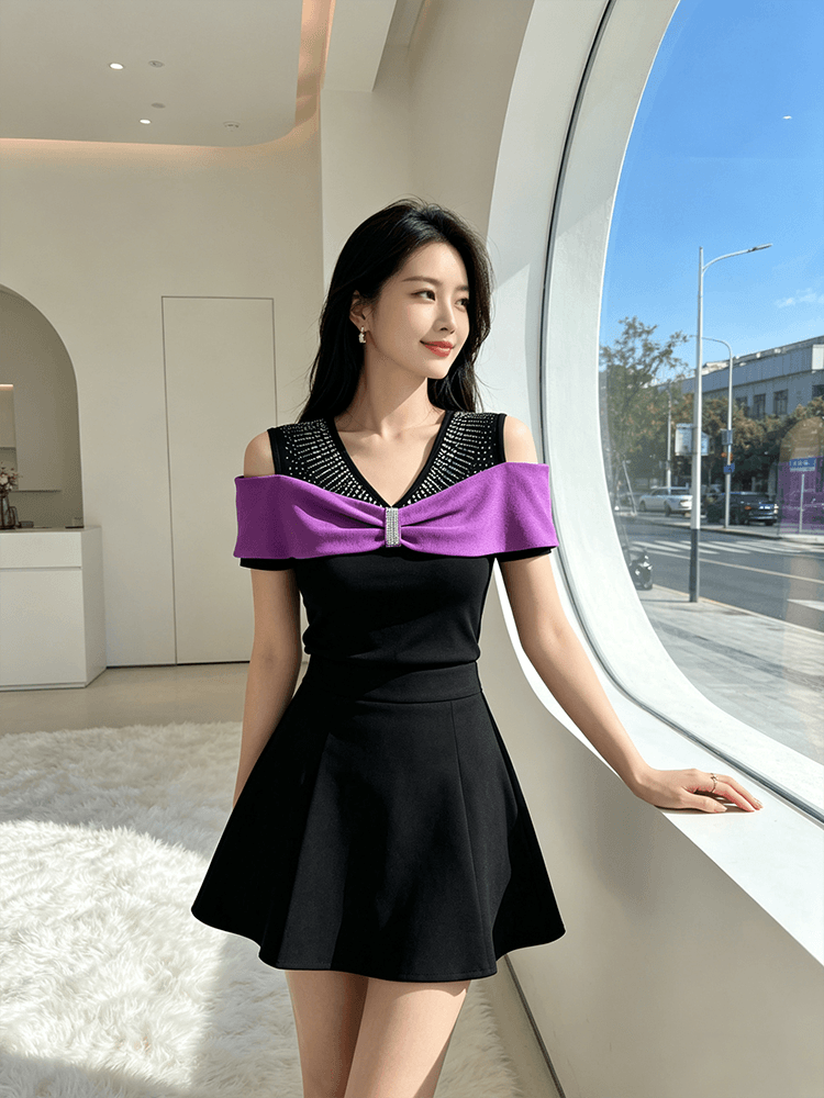 여름 반팔 오프숄더 핫픽스 맨위 여성 V넥 몸매 가꾸기 허리 수축 슬림해 보이는 다용도 품격 배색 새로운 티셔츠 작은 셔츠 상세 이미지 1
