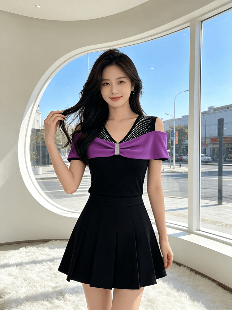 여름 반팔 오프숄더 핫픽스 맨위 여성 V넥 몸매 가꾸기 허리 수축 슬림해 보이는 다용도 품격 배색 새로운 티셔츠 작은 셔츠 상세 이미지 3
