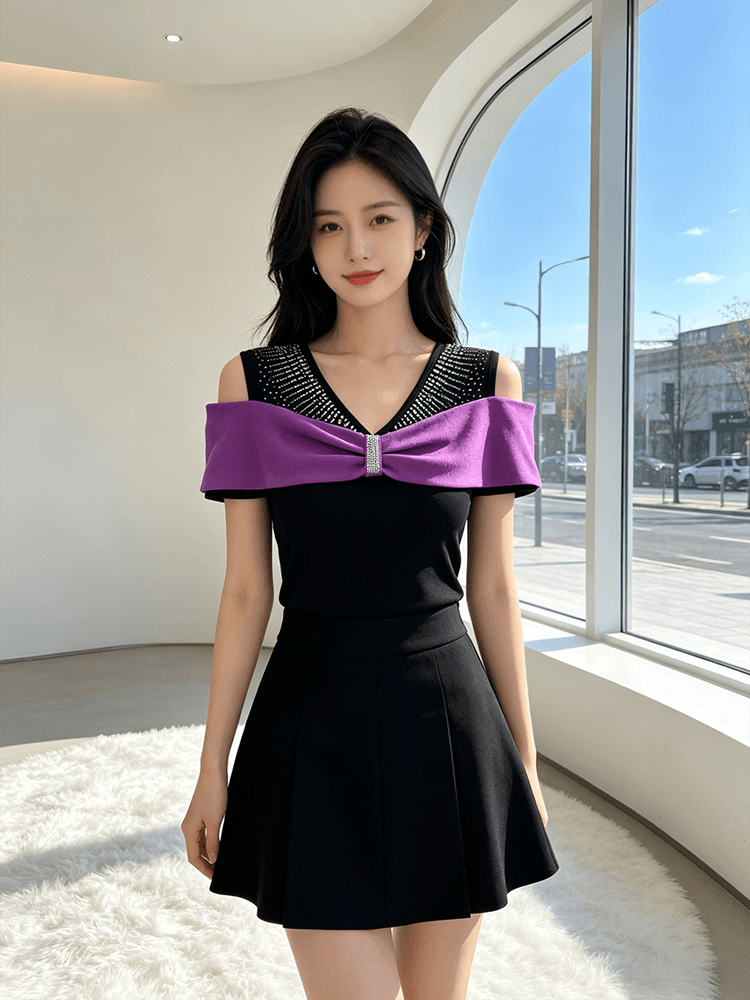 여름 반팔 오프숄더 핫픽스 맨위 여성 V넥 몸매 가꾸기 허리 수축 슬림해 보이는 다용도 품격 배색 새로운 티셔츠 작은 셔츠 상세 이미지 4