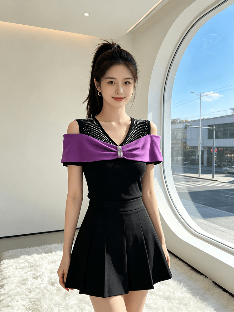 여름 반팔 오프숄더 핫픽스 맨위 여성 V넥 몸매 가꾸기 허리 수축 슬림해 보이는 다용도 품격 배색 새로운 티셔츠 작은 셔츠 상세 이미지 5