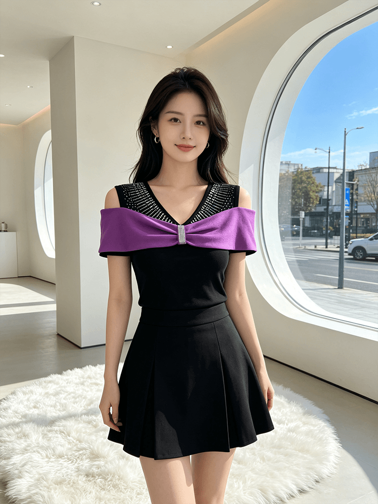 여름 반팔 오프숄더 핫픽스 맨위 여성 V넥 몸매 가꾸기 허리 수축 슬림해 보이는 다용도 품격 배색 새로운 티셔츠 작은 셔츠 상세 이미지 6