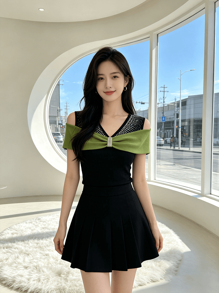 여름 반팔 오프숄더 핫픽스 맨위 여성 V넥 몸매 가꾸기 허리 수축 슬림해 보이는 다용도 품격 배색 새로운 티셔츠 작은 셔츠 상세 이미지 8