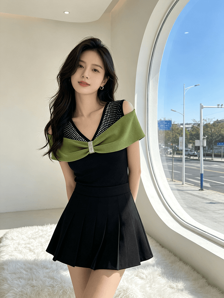 여름 반팔 오프숄더 핫픽스 맨위 여성 V넥 몸매 가꾸기 허리 수축 슬림해 보이는 다용도 품격 배색 새로운 티셔츠 작은 셔츠 상세 이미지 9