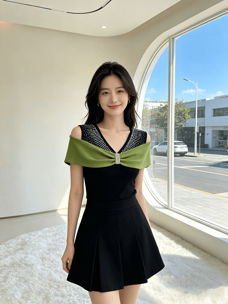 여름 반팔 오프숄더 핫픽스 맨위 여성 V넥 몸매 가꾸기 허리 수축 슬림해 보이는 다용도 품격 배색 새로운 티셔츠 작은 셔츠 상세 이미지 10