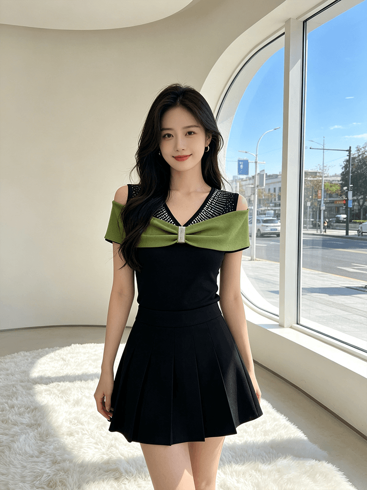 여름 반팔 오프숄더 핫픽스 맨위 여성 V넥 몸매 가꾸기 허리 수축 슬림해 보이는 다용도 품격 배색 새로운 티셔츠 작은 셔츠 상세 이미지 12