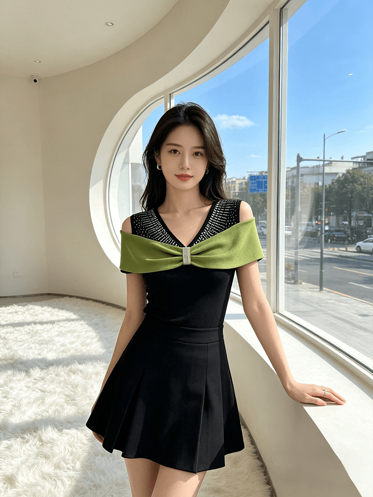 여름 반팔 오프숄더 핫픽스 맨위 여성 V넥 몸매 가꾸기 허리 수축 슬림해 보이는 다용도 품격 배색 새로운 티셔츠 작은 셔츠 상세 이미지 13