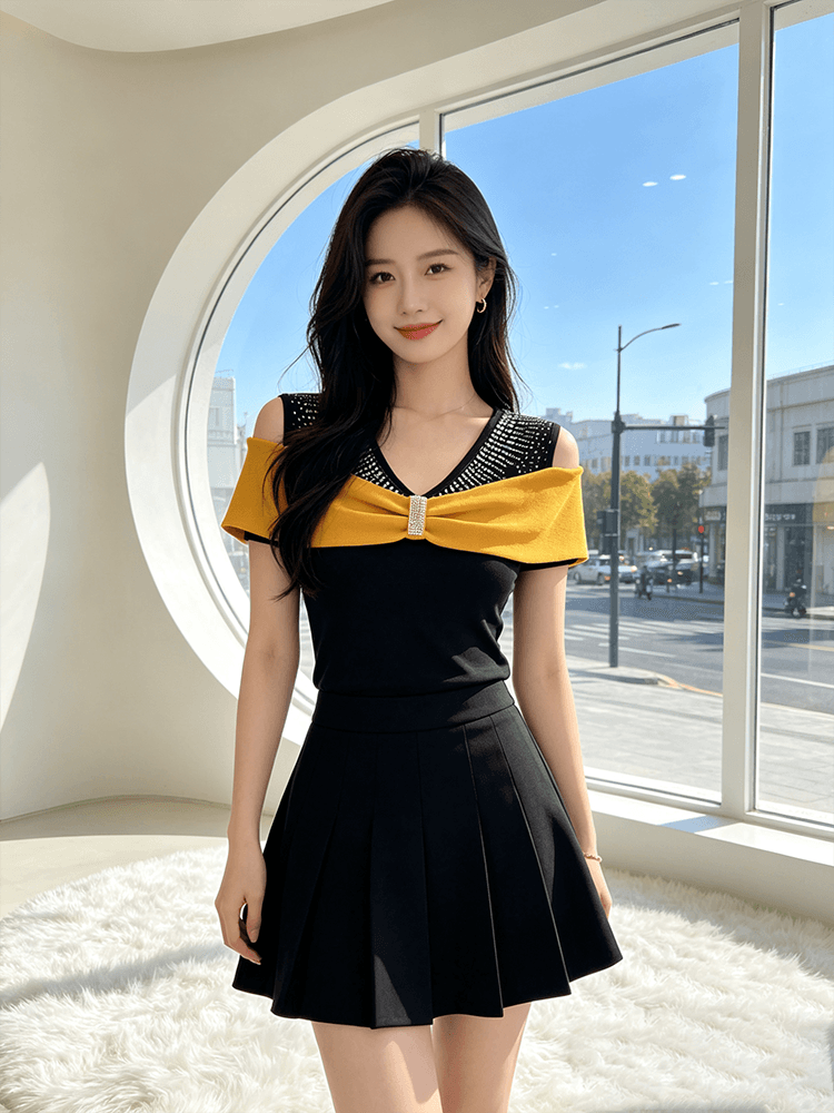 여름 반팔 오프숄더 핫픽스 맨위 여성 V넥 몸매 가꾸기 허리 수축 슬림해 보이는 다용도 품격 배색 새로운 티셔츠 작은 셔츠 상세 이미지 15