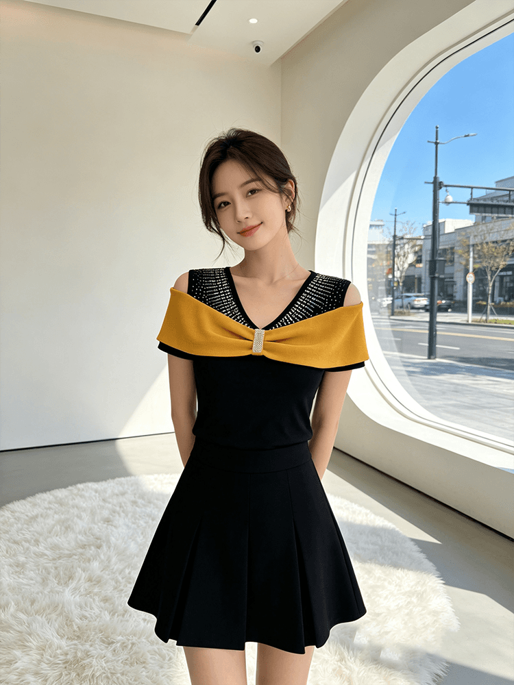 여름 반팔 오프숄더 핫픽스 맨위 여성 V넥 몸매 가꾸기 허리 수축 슬림해 보이는 다용도 품격 배색 새로운 티셔츠 작은 셔츠 상세 이미지 19