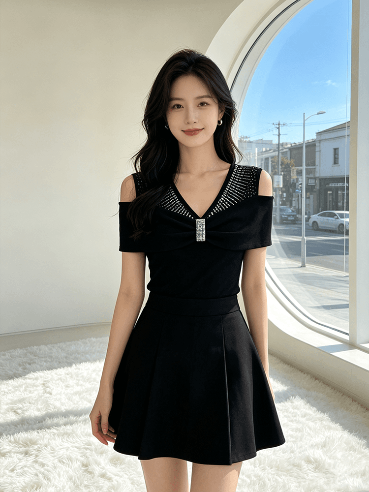 여름 반팔 오프숄더 핫픽스 맨위 여성 V넥 몸매 가꾸기 허리 수축 슬림해 보이는 다용도 품격 배색 새로운 티셔츠 작은 셔츠 상세 이미지 20