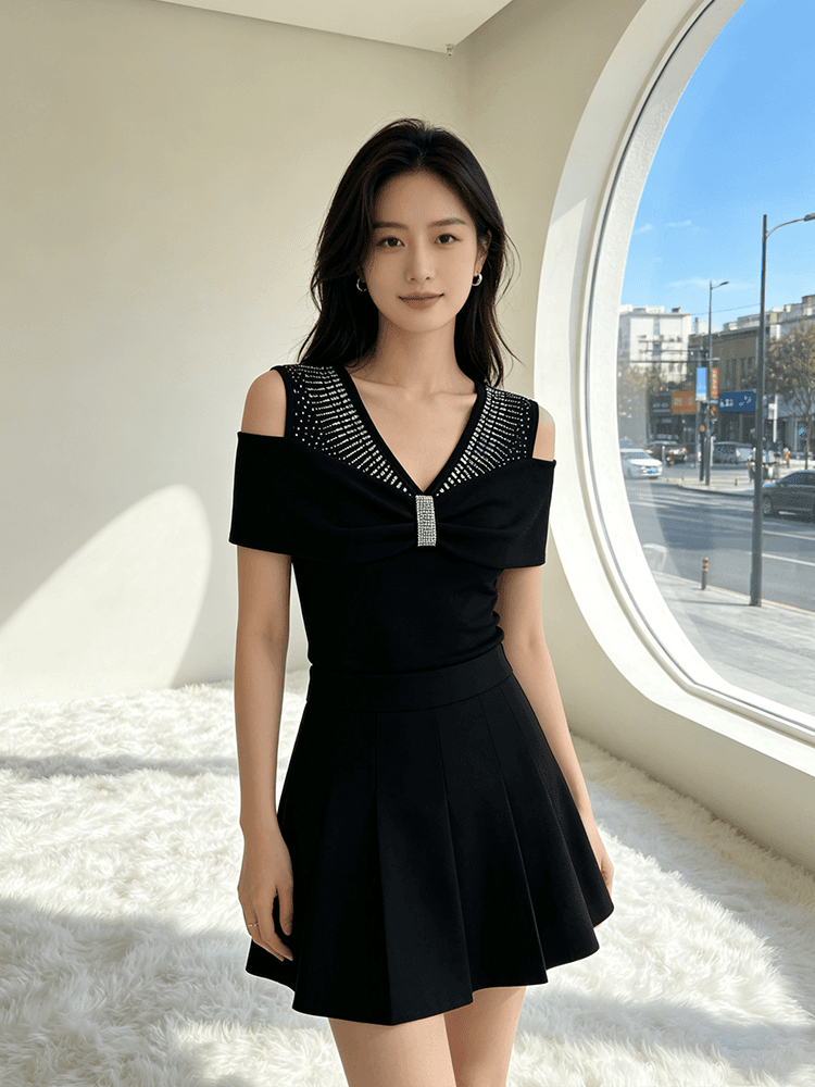 여름 반팔 오프숄더 핫픽스 맨위 여성 V넥 몸매 가꾸기 허리 수축 슬림해 보이는 다용도 품격 배색 새로운 티셔츠 작은 셔츠 상세 이미지 21