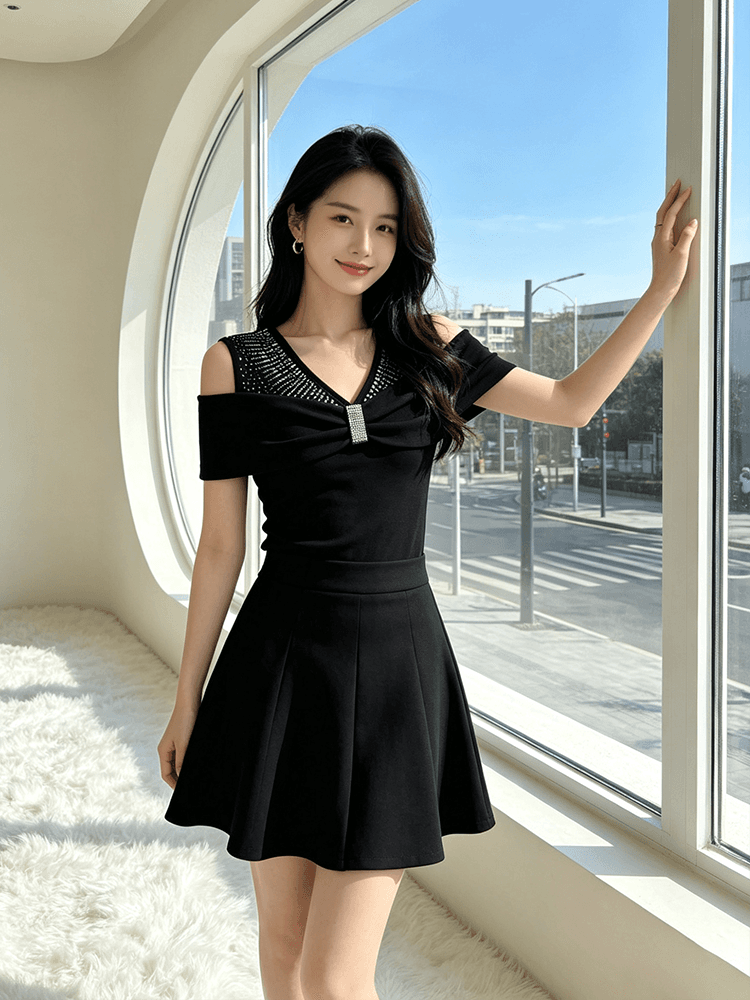 여름 반팔 오프숄더 핫픽스 맨위 여성 V넥 몸매 가꾸기 허리 수축 슬림해 보이는 다용도 품격 배색 새로운 티셔츠 작은 셔츠 상세 이미지 25