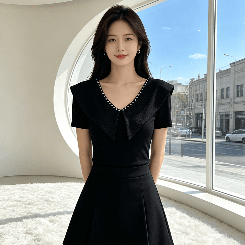 여름 V넥 새로운 패치워크 작은 대중 디자인 센스 못 훈련 몸매 가꾸기 슬림해 보이는 다용도 맨위 여성 티셔츠 품격 작은 셔츠 이미지 3