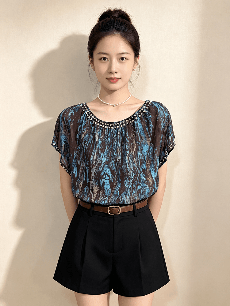 빛 럭셔리 다이아몬드 세팅 쉬폰 톱 여성 여름 고급 블루스 패드 염색 프린트 배트맨 루즈핏 다용도 품격 작은 셔츠 상세 이미지 1