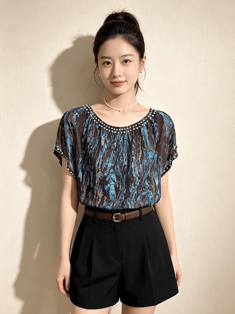 빛 럭셔리 다이아몬드 세팅 쉬폰 톱 여성 여름 고급 블루스 패드 염색 프린트 배트맨 루즈핏 다용도 품격 작은 셔츠 상세 이미지 3