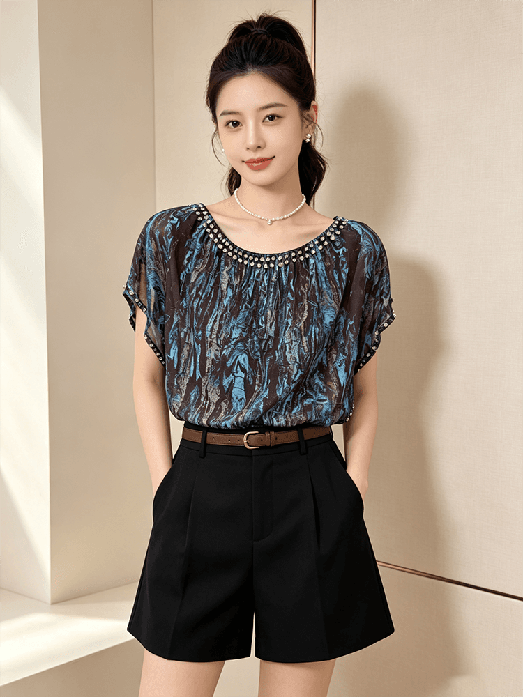 빛 럭셔리 다이아몬드 세팅 쉬폰 톱 여성 여름 고급 블루스 패드 염색 프린트 배트맨 루즈핏 다용도 품격 작은 셔츠 상세 이미지 4