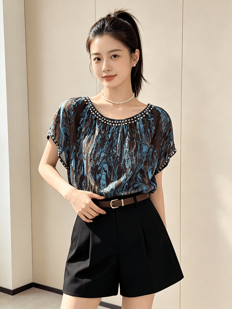 빛 럭셔리 다이아몬드 세팅 쉬폰 톱 여성 여름 고급 블루스 패드 염색 프린트 배트맨 루즈핏 다용도 품격 작은 셔츠 상세 이미지 7