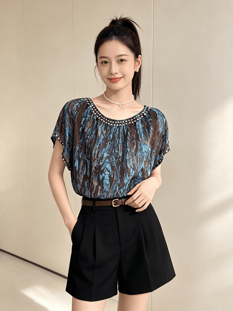 빛 럭셔리 다이아몬드 세팅 쉬폰 톱 여성 여름 고급 블루스 패드 염색 프린트 배트맨 루즈핏 다용도 품격 작은 셔츠 상세 이미지 8