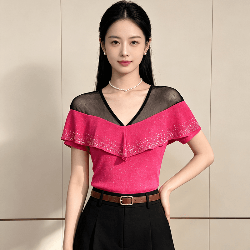 품격 V넥 망사 패치워크 맨위 여성 여름 플래시 분말 핫픽스 프릴 반팔 슬림해 보이는 허리 수축 고급 센스 셔츠