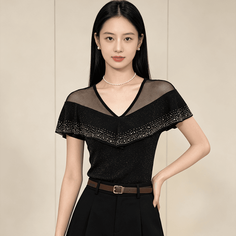 품격 V넥 망사 패치워크 맨위 여성 여름 플래시 분말 핫픽스 프릴 반팔 슬림해 보이는 허리 수축 고급 센스 셔츠 이미지 2