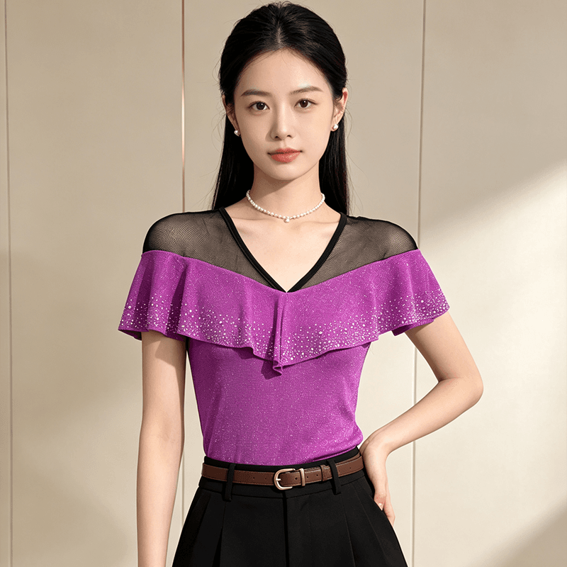 품격 V넥 망사 패치워크 맨위 여성 여름 플래시 분말 핫픽스 프릴 반팔 슬림해 보이는 허리 수축 고급 센스 셔츠 이미지 3
