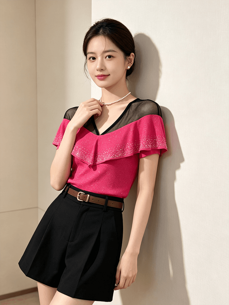 품격 V넥 망사 패치워크 맨위 여성 여름 플래시 분말 핫픽스 프릴 반팔 슬림해 보이는 허리 수축 고급 센스 셔츠 상세 이미지 1