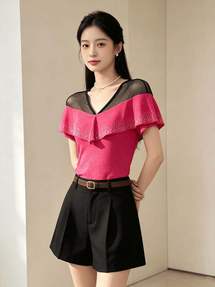 품격 V넥 망사 패치워크 맨위 여성 여름 플래시 분말 핫픽스 프릴 반팔 슬림해 보이는 허리 수축 고급 센스 셔츠 상세 이미지 2