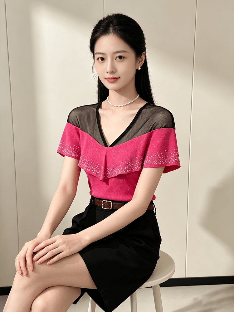 품격 V넥 망사 패치워크 맨위 여성 여름 플래시 분말 핫픽스 프릴 반팔 슬림해 보이는 허리 수축 고급 센스 셔츠 상세 이미지 3