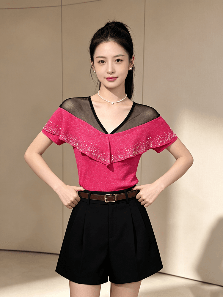 품격 V넥 망사 패치워크 맨위 여성 여름 플래시 분말 핫픽스 프릴 반팔 슬림해 보이는 허리 수축 고급 센스 셔츠 상세 이미지 5