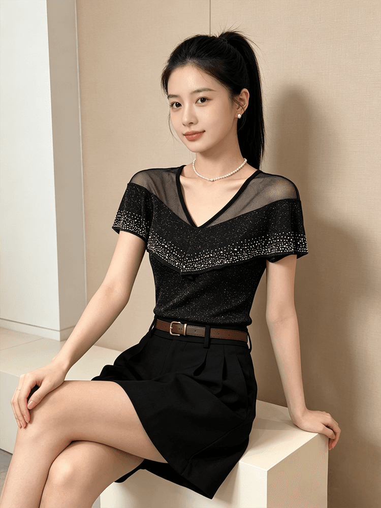 품격 V넥 망사 패치워크 맨위 여성 여름 플래시 분말 핫픽스 프릴 반팔 슬림해 보이는 허리 수축 고급 센스 셔츠 상세 이미지 9