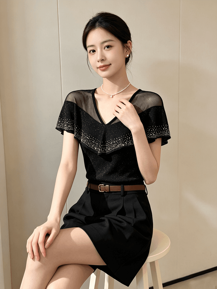 품격 V넥 망사 패치워크 맨위 여성 여름 플래시 분말 핫픽스 프릴 반팔 슬림해 보이는 허리 수축 고급 센스 셔츠 상세 이미지 10