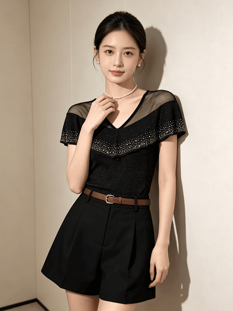 품격 V넥 망사 패치워크 맨위 여성 여름 플래시 분말 핫픽스 프릴 반팔 슬림해 보이는 허리 수축 고급 센스 셔츠 상세 이미지 12