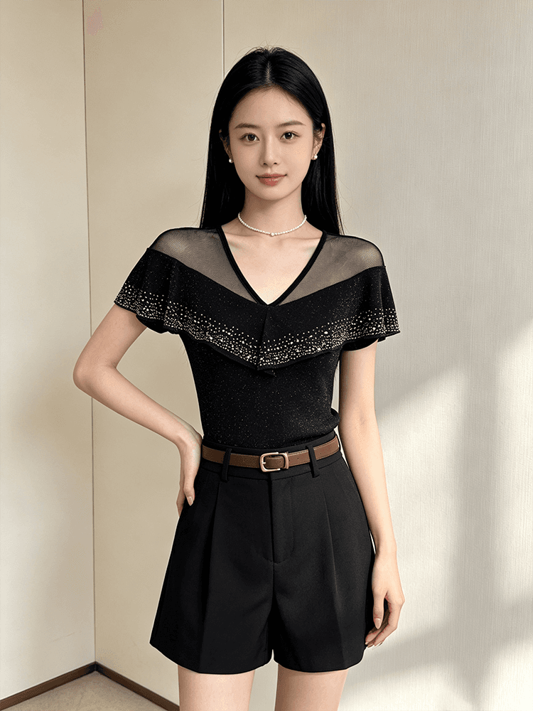 품격 V넥 망사 패치워크 맨위 여성 여름 플래시 분말 핫픽스 프릴 반팔 슬림해 보이는 허리 수축 고급 센스 셔츠 상세 이미지 13