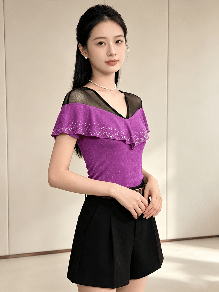 품격 V넥 망사 패치워크 맨위 여성 여름 플래시 분말 핫픽스 프릴 반팔 슬림해 보이는 허리 수축 고급 센스 셔츠 상세 이미지 15