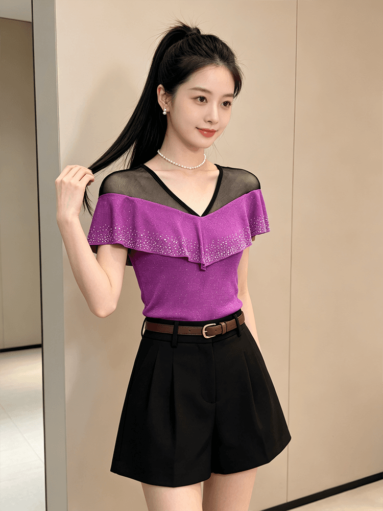 품격 V넥 망사 패치워크 맨위 여성 여름 플래시 분말 핫픽스 프릴 반팔 슬림해 보이는 허리 수축 고급 센스 셔츠 상세 이미지 16