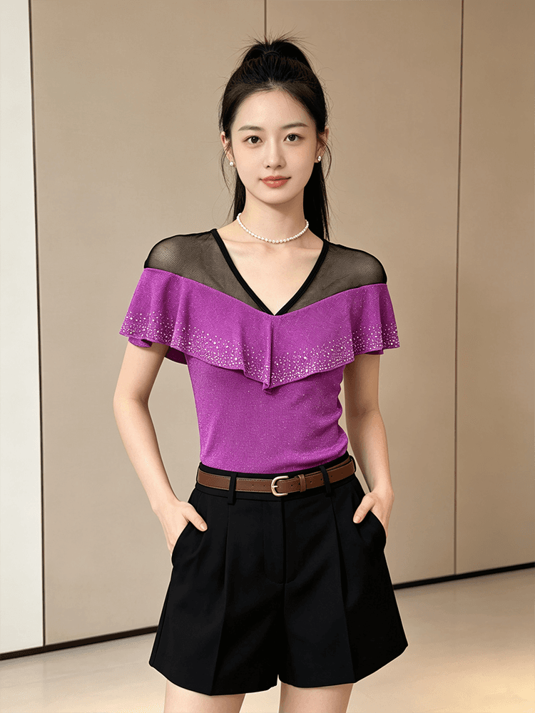 품격 V넥 망사 패치워크 맨위 여성 여름 플래시 분말 핫픽스 프릴 반팔 슬림해 보이는 허리 수축 고급 센스 셔츠 상세 이미지 20