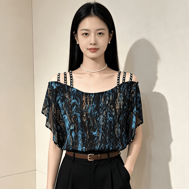 오프숄더 시폰 셔츠 여성 여름 루즈핏 슬립 다이아몬드 세팅 표지 팔 품격 루즈핏 맨위 새로운 외국 가스 다용도 티셔츠 이미지 3