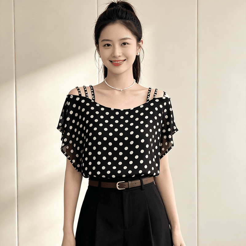 오프숄더 시폰 셔츠 여성 여름 루즈핏 슬립 다이아몬드 세팅 표지 팔 품격 루즈핏 맨위 새로운 외국 가스 다용도 티셔츠 이미지 2