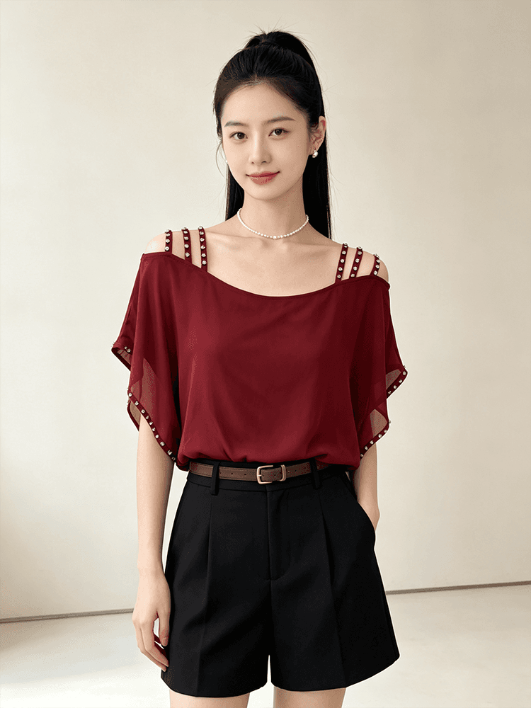 오프숄더 시폰 셔츠 여성 여름 루즈핏 슬립 다이아몬드 세팅 표지 팔 품격 루즈핏 맨위 새로운 외국 가스 다용도 티셔츠 상세 이미지 1