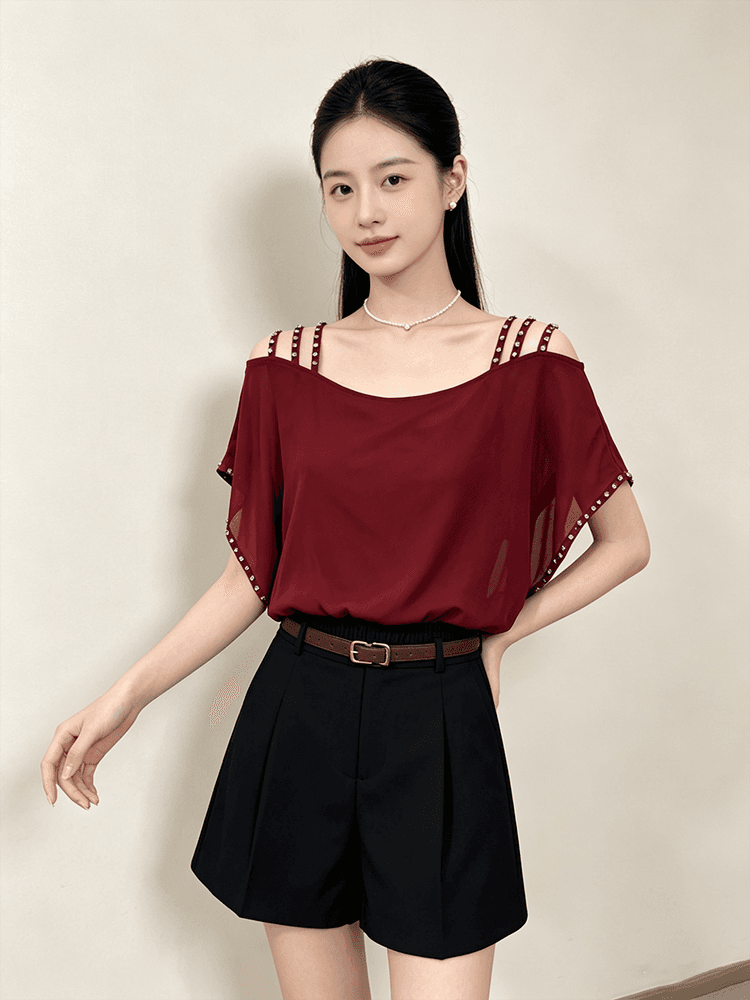 오프숄더 시폰 셔츠 여성 여름 루즈핏 슬립 다이아몬드 세팅 표지 팔 품격 루즈핏 맨위 새로운 외국 가스 다용도 티셔츠 상세 이미지 2