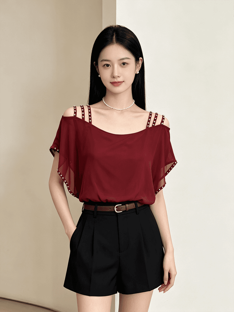 오프숄더 시폰 셔츠 여성 여름 루즈핏 슬립 다이아몬드 세팅 표지 팔 품격 루즈핏 맨위 새로운 외국 가스 다용도 티셔츠 상세 이미지 3