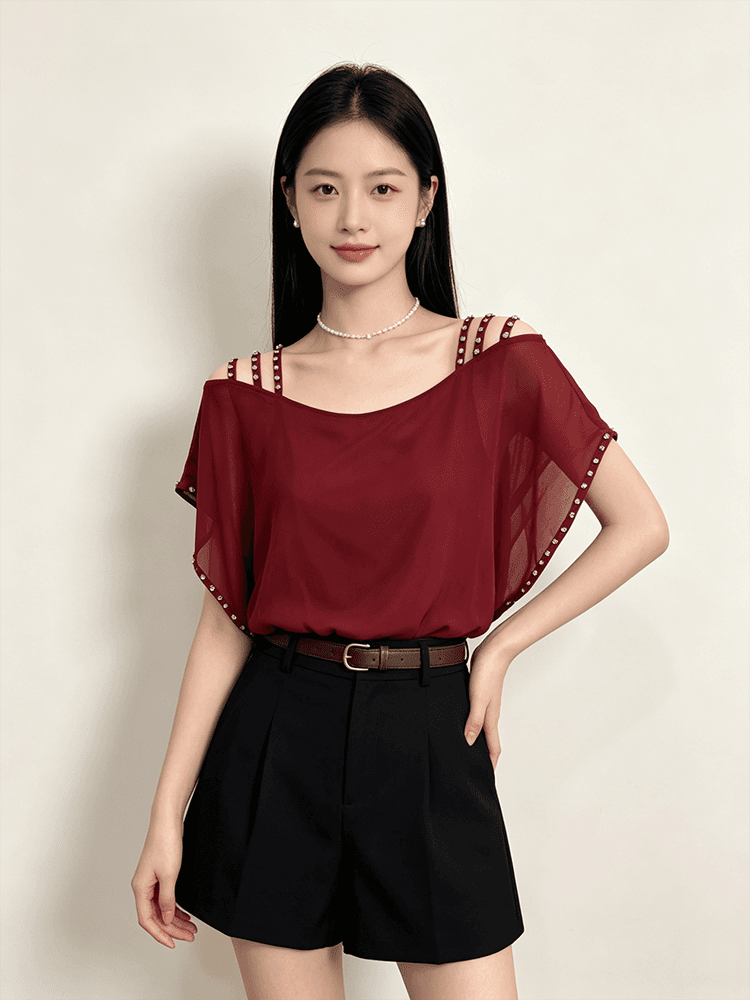 오프숄더 시폰 셔츠 여성 여름 루즈핏 슬립 다이아몬드 세팅 표지 팔 품격 루즈핏 맨위 새로운 외국 가스 다용도 티셔츠 상세 이미지 4