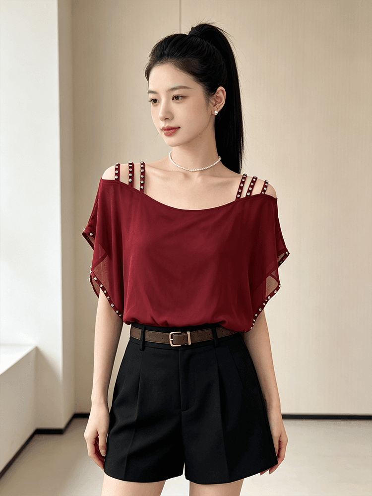 오프숄더 시폰 셔츠 여성 여름 루즈핏 슬립 다이아몬드 세팅 표지 팔 품격 루즈핏 맨위 새로운 외국 가스 다용도 티셔츠 상세 이미지 5
