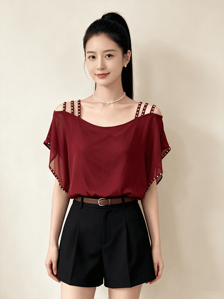 오프숄더 시폰 셔츠 여성 여름 루즈핏 슬립 다이아몬드 세팅 표지 팔 품격 루즈핏 맨위 새로운 외국 가스 다용도 티셔츠 상세 이미지 6