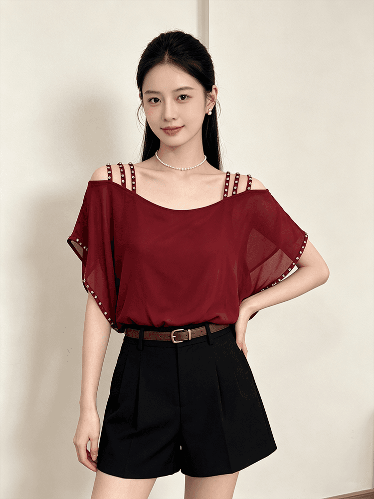 오프숄더 시폰 셔츠 여성 여름 루즈핏 슬립 다이아몬드 세팅 표지 팔 품격 루즈핏 맨위 새로운 외국 가스 다용도 티셔츠 상세 이미지 7