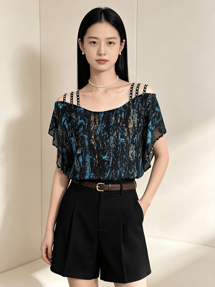 오프숄더 시폰 셔츠 여성 여름 루즈핏 슬립 다이아몬드 세팅 표지 팔 품격 루즈핏 맨위 새로운 외국 가스 다용도 티셔츠 상세 이미지 9